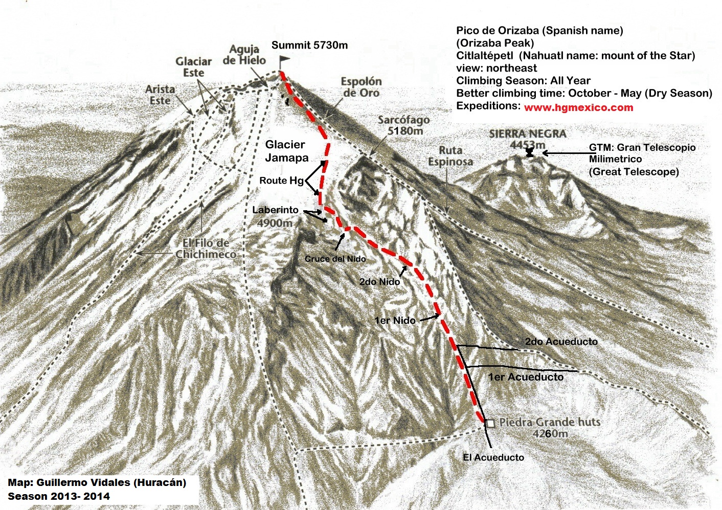 Pico de Orizaba mapa de las rutas